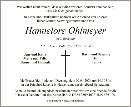 Traueranzeige von Hannelore Ohlmeyer von SYKSYK