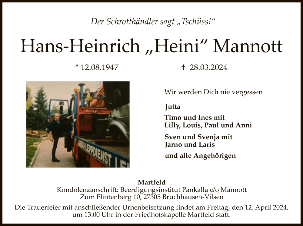  Traueranzeige für Hans-Heinrich Mannott vom 06.04.2024 aus SYKSYK