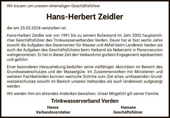 Traueranzeige von Hans-Herbert Zeidler von SYK