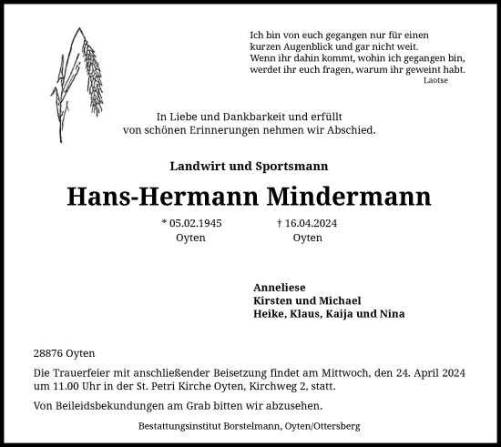 Traueranzeige von Hans-Hermann Mindermann von SYK