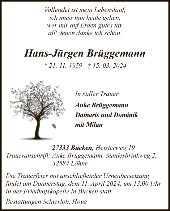 Traueranzeige von Hans-Jürgen Brüggemann von SYK