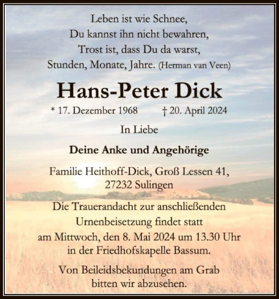  Traueranzeige für Hans-Peter Dick vom 27.04.2024 aus SYK