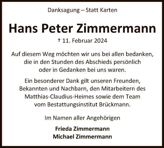 Traueranzeige von Hans Peter Zimmermann von SYK