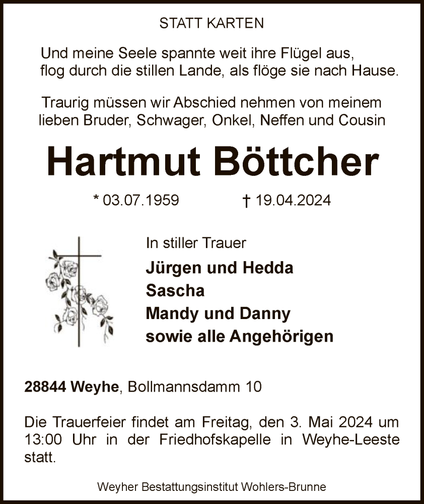  Traueranzeige für Hartmut Böttcher vom 27.04.2024 aus SYK