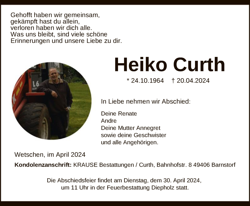  Traueranzeige für Heiko Curth vom 24.04.2024 aus SYK