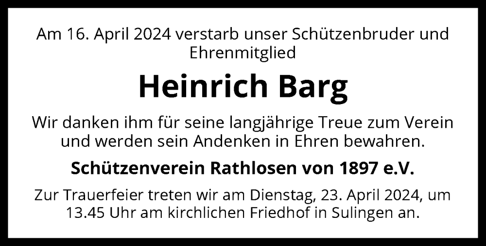  Traueranzeige für Heinrich Barg vom 20.04.2024 aus SYK