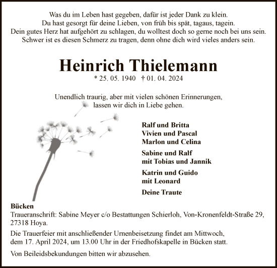 Traueranzeige von Heinrich Thielemann von SYK