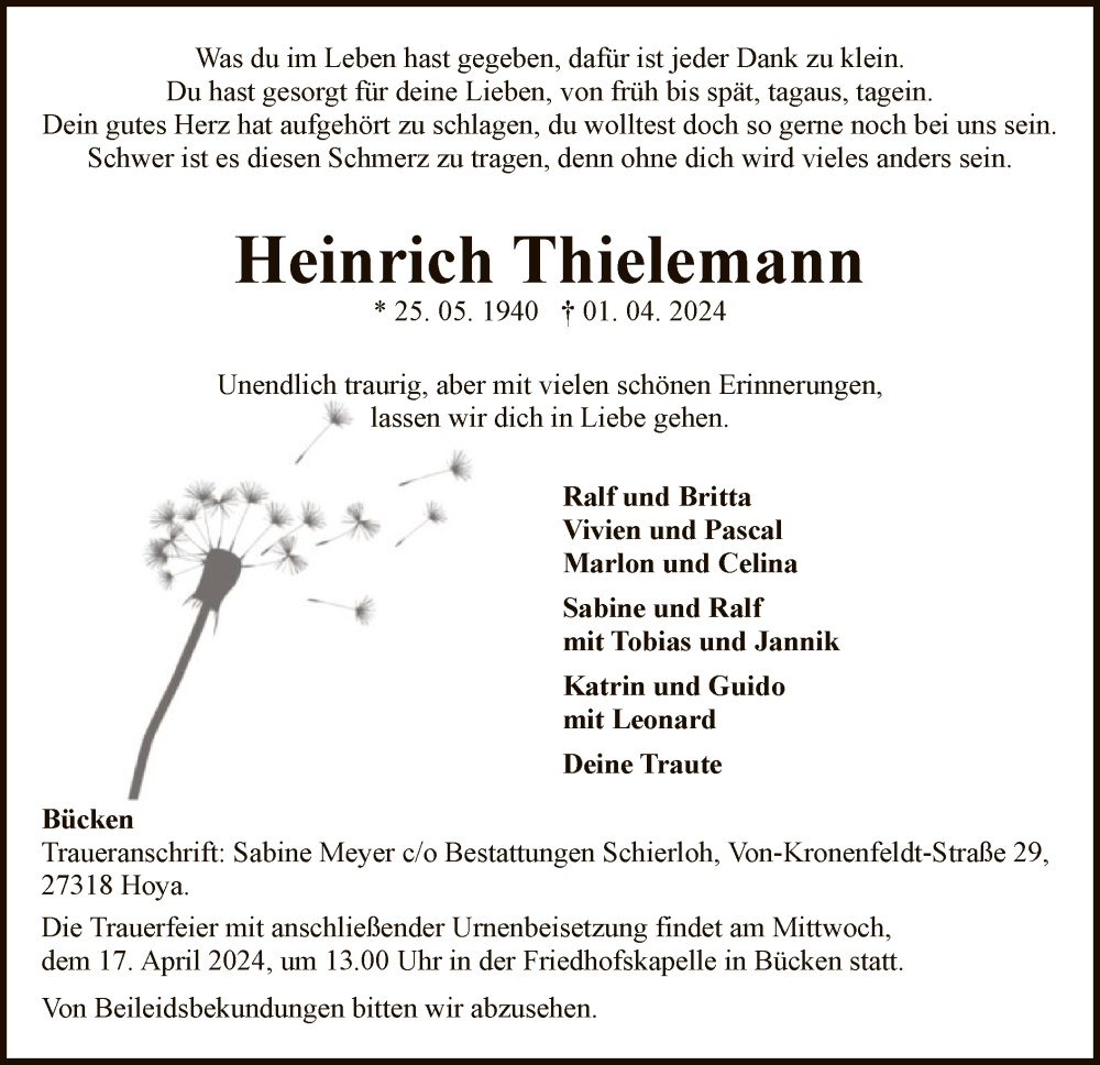  Traueranzeige für Heinrich Thielemann vom 13.04.2024 aus SYK