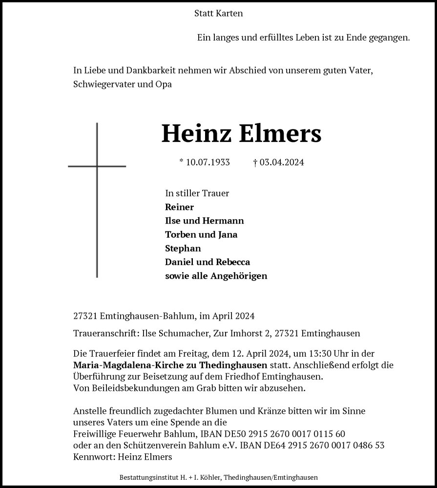  Traueranzeige für Heinz Elmers vom 06.04.2024 aus SYKSYK