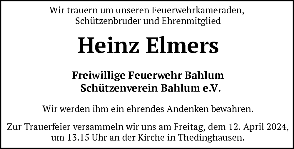  Traueranzeige für Heinz Elmers vom 06.04.2024 aus SYK