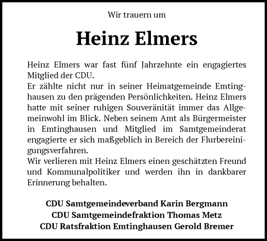 Traueranzeige von Heinz Elmers von SYK