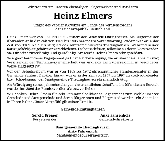 Traueranzeige von Heinz Elmers von SYK