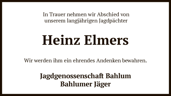 Traueranzeige von Heinz Elmers von SYK