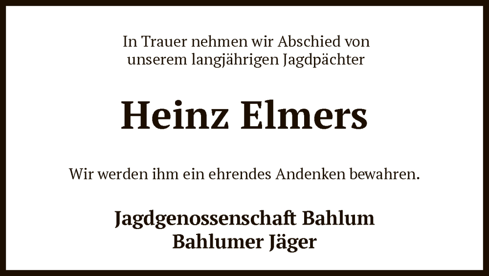  Traueranzeige für Heinz Elmers vom 06.04.2024 aus SYK