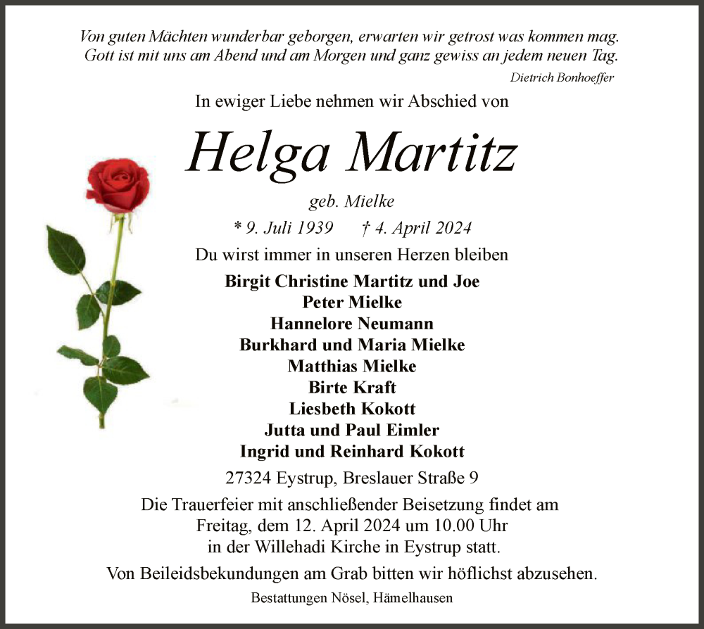  Traueranzeige für Helga Martitz vom 09.04.2024 aus SYK