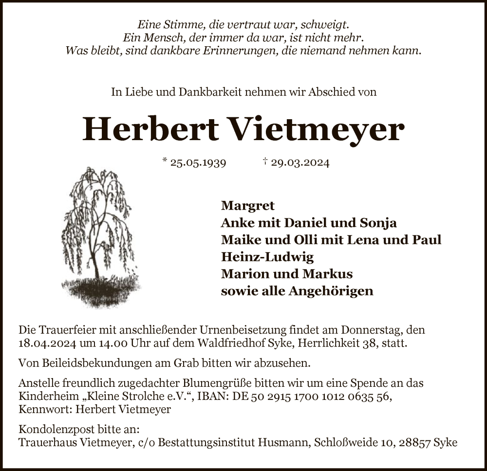  Traueranzeige für Herbert Vietmeyer vom 13.04.2024 aus SYK