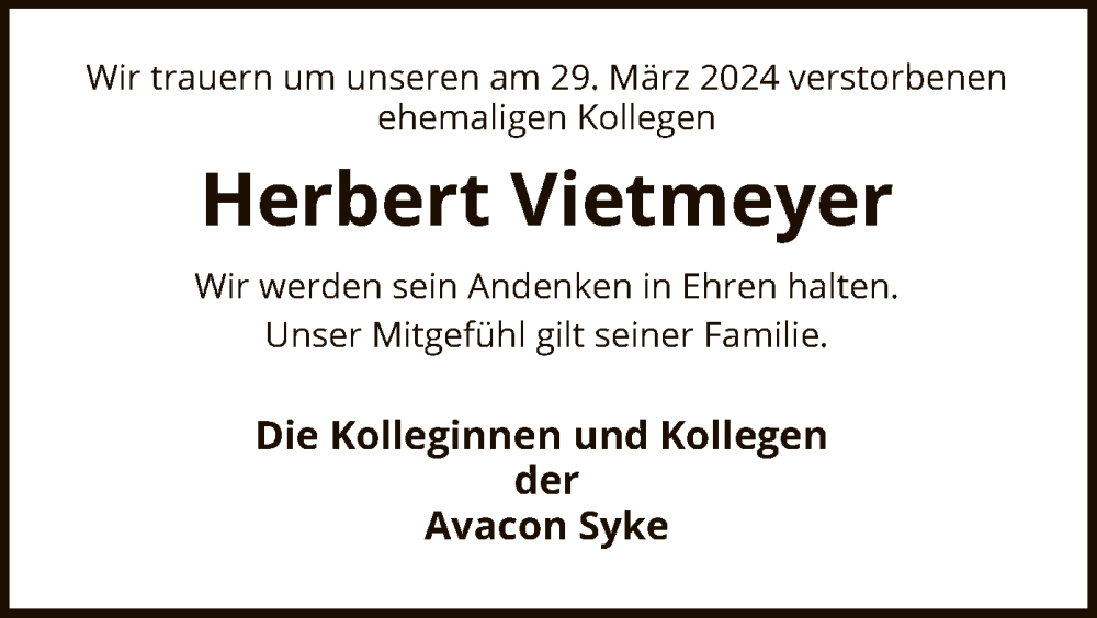  Traueranzeige für Herbert Vietmeyer vom 13.04.2024 aus SYK