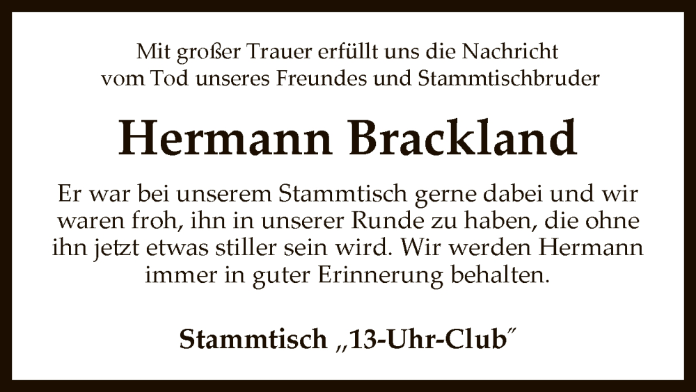  Traueranzeige für Hermann Brackland vom 25.04.2024 aus SYK