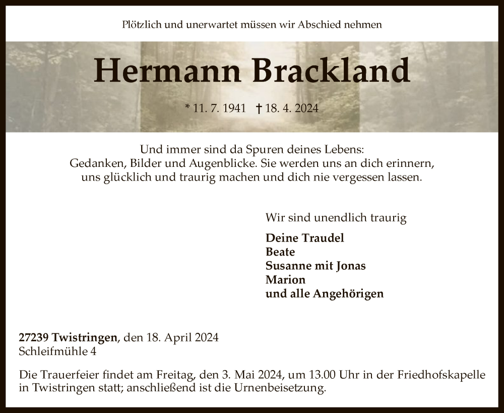  Traueranzeige für Hermann Brackland vom 25.04.2024 aus SYK