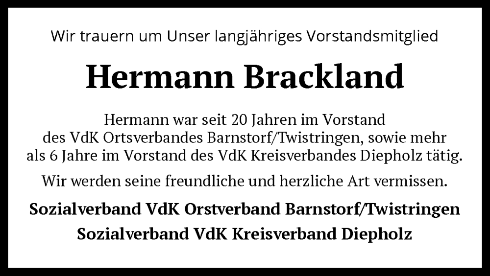  Traueranzeige für Hermann Brackland vom 25.04.2024 aus SYKSYK