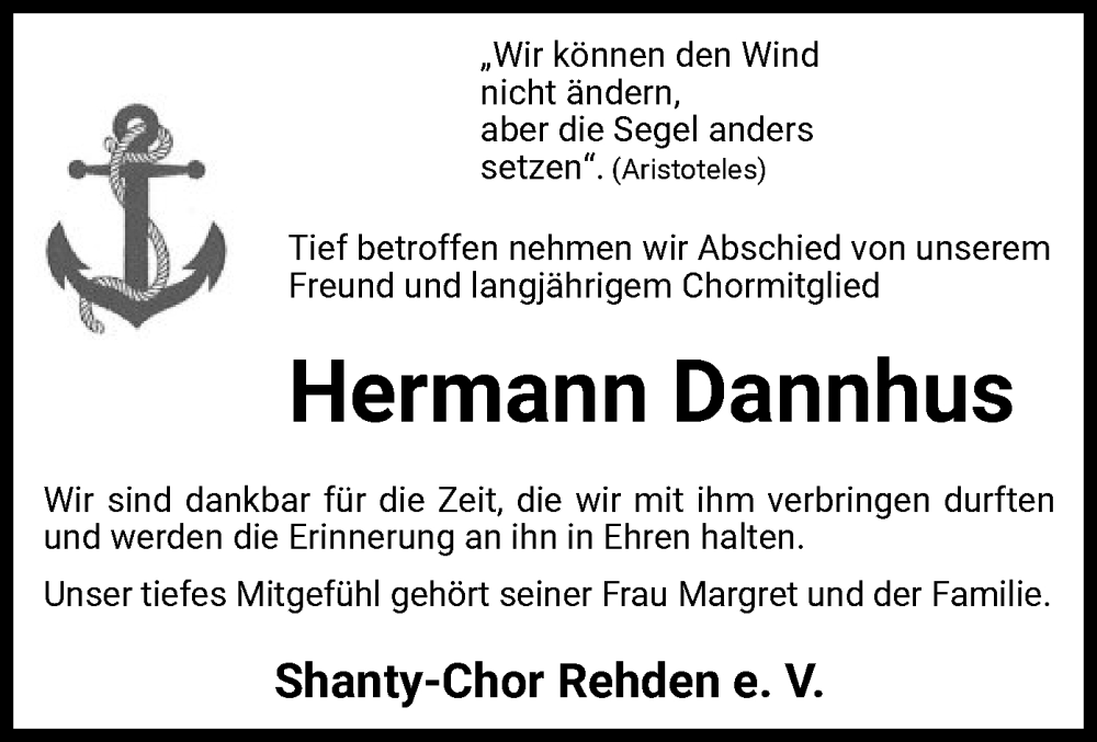  Traueranzeige für Hermann Dannhus vom 19.04.2024 aus SYK