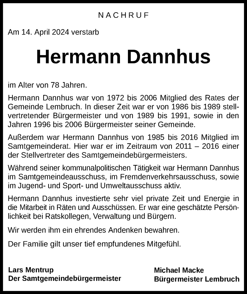  Traueranzeige für Hermann Dannhus vom 20.04.2024 aus SYK