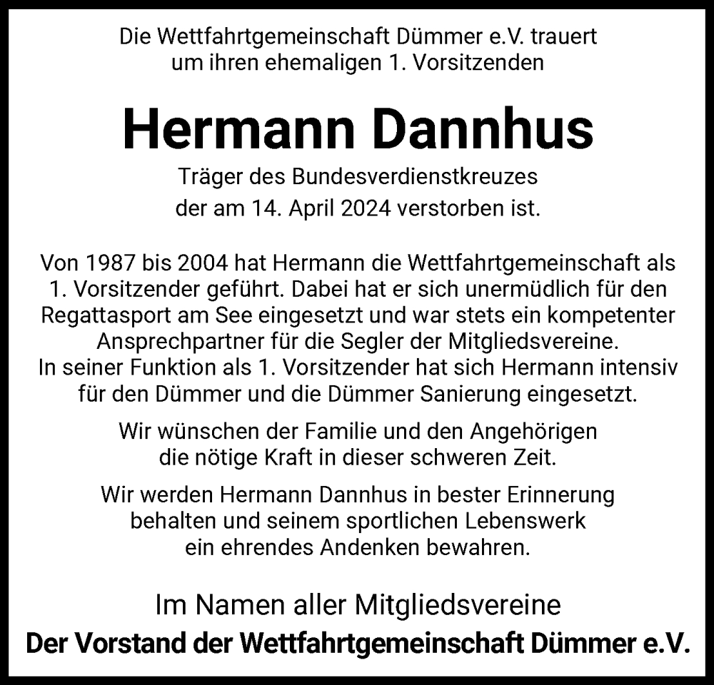  Traueranzeige für Hermann Dannhus vom 20.04.2024 aus SYK