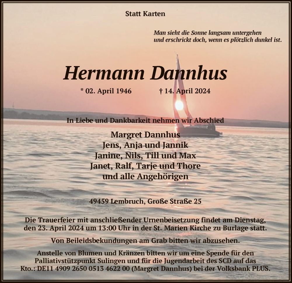  Traueranzeige für Hermann Dannhus vom 19.04.2024 aus SYK