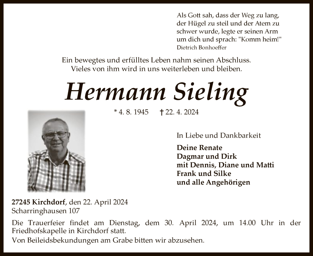  Traueranzeige für Hermann Sieling vom 25.04.2024 aus SYK