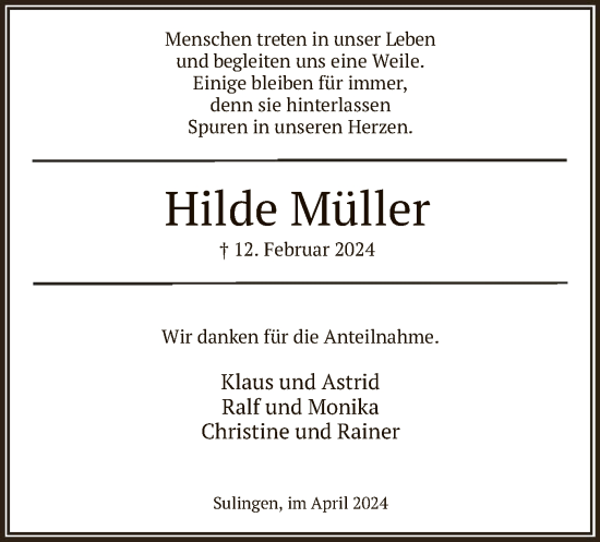 Traueranzeige von Hilde Müller von SYK