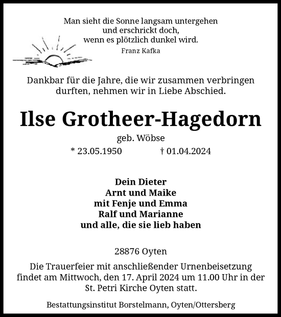 Traueranzeige von Ilse Grotheer-Hagedorn von SYK