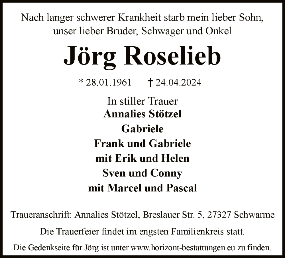  Traueranzeige für Jörg Roselieb vom 30.04.2024 aus SYK