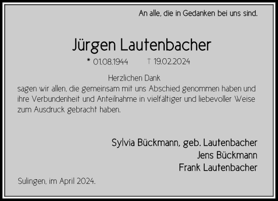 Traueranzeige von Jürgen Lautenbacher von SYK