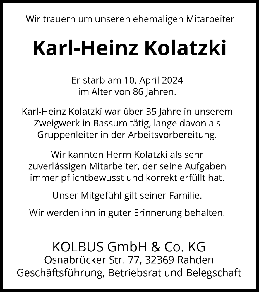  Traueranzeige für Karl-Heinz Kolatzki vom 20.04.2024 aus SYK