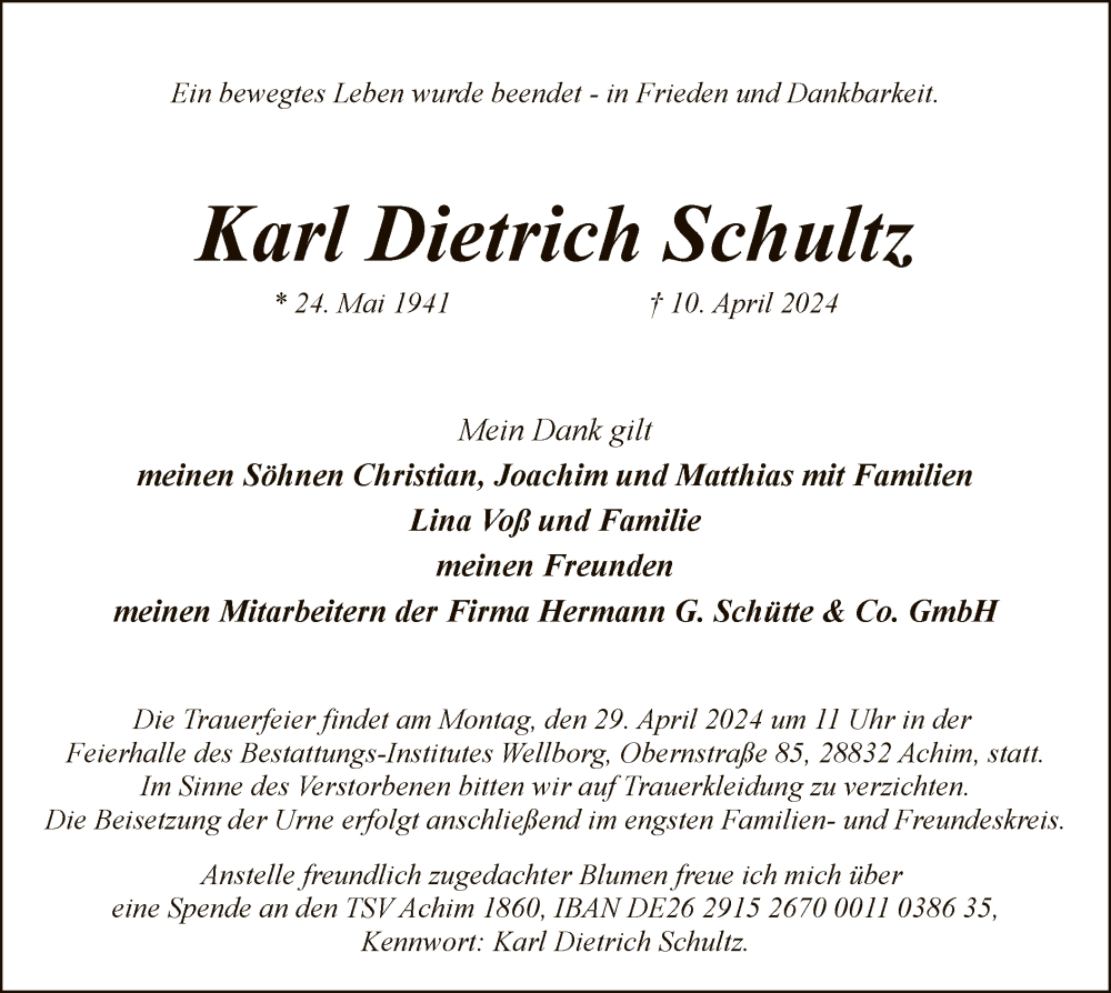  Traueranzeige für Karl Dietrich Schultz vom 20.04.2024 aus SYK
