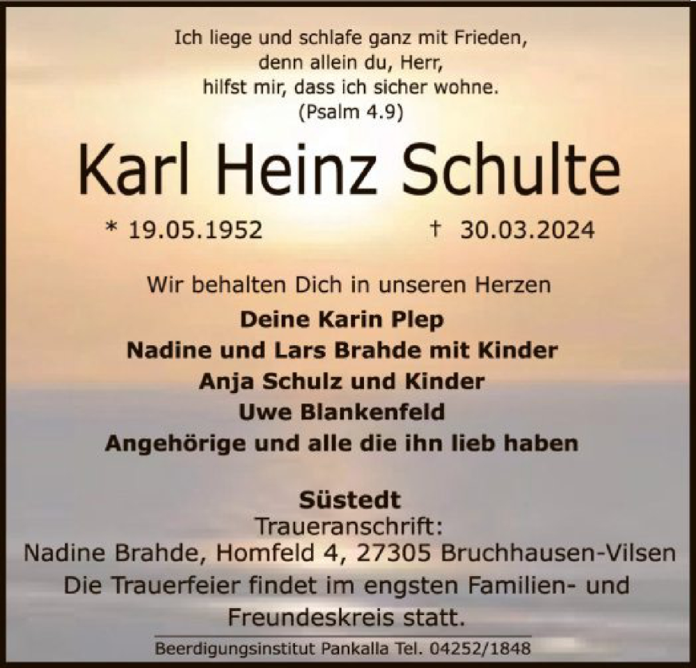 Traueranzeige für Karl Heinz Schulte vom 06.04.2024 aus SYK