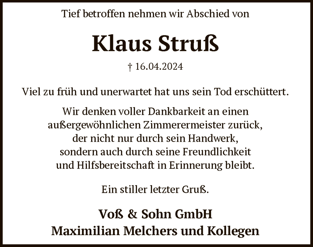  Traueranzeige für Klaus Struß vom 24.04.2024 aus SYK