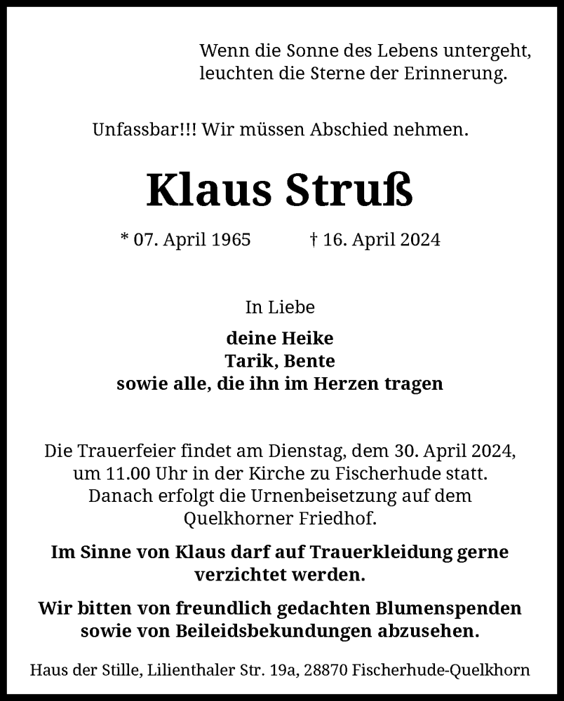  Traueranzeige für Klaus Struß vom 24.04.2024 aus SYK