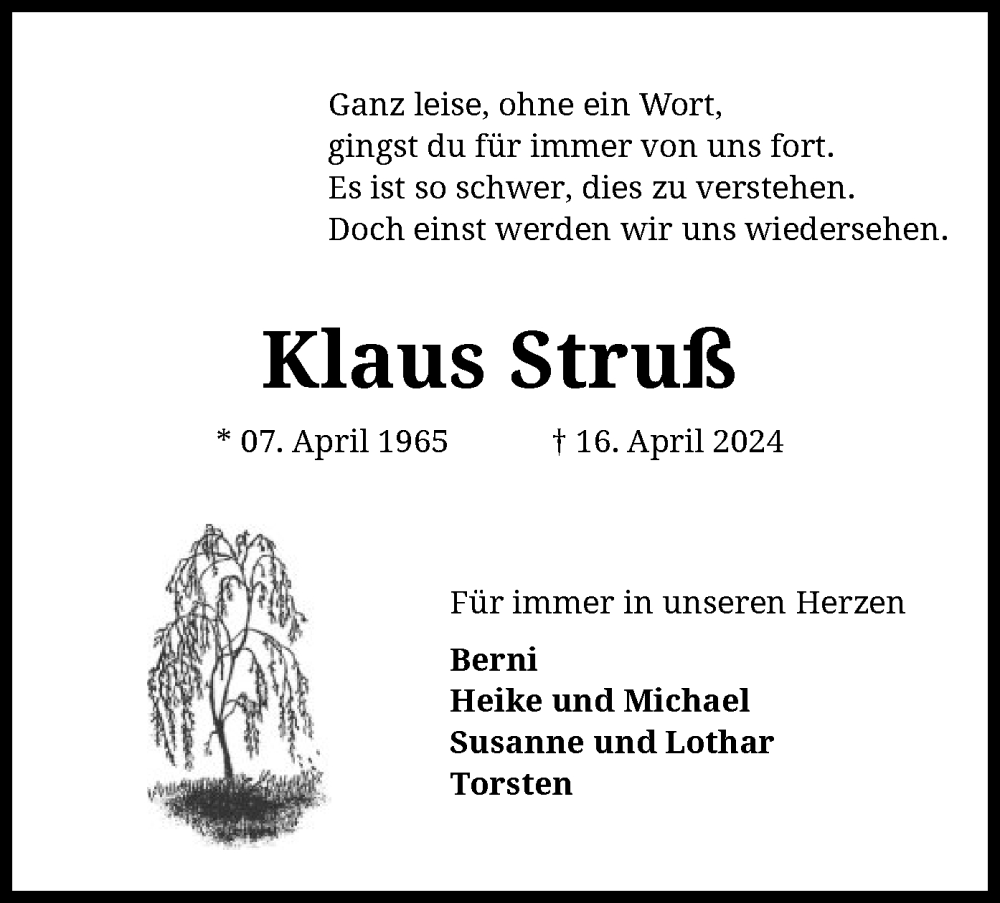  Traueranzeige für Klaus Struß vom 20.04.2024 aus SYK
