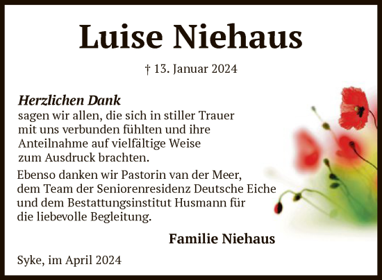 Traueranzeige von Luise Niehaus von SYK