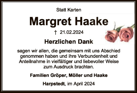 Traueranzeige von Margret Haake von SYKSYK