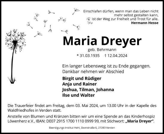 Traueranzeige von Maria Dreyer von SYK