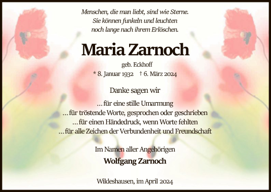 Traueranzeige von Maria Zarnoch von SYK