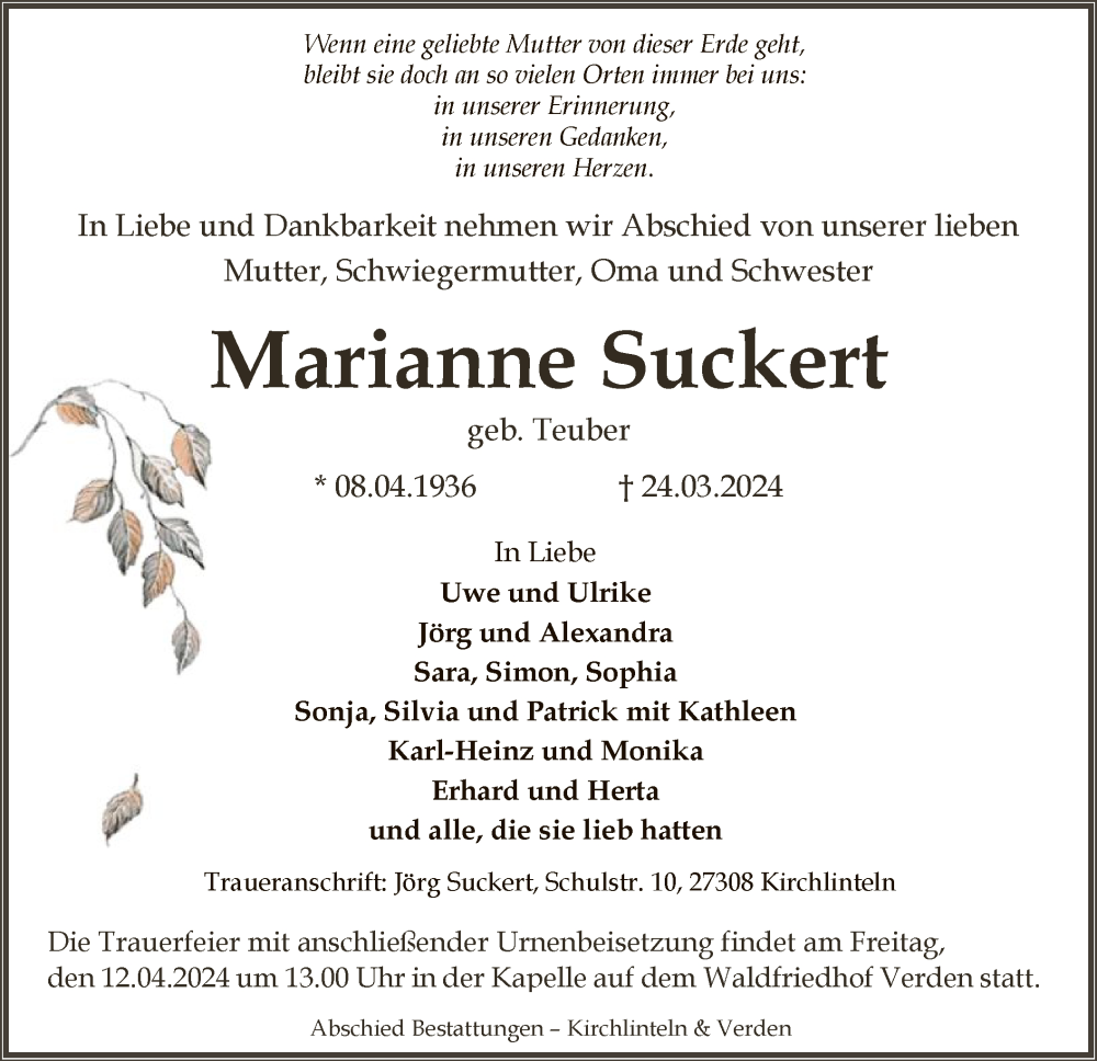 Traueranzeige für Marianne Suckert vom 06.04.2024 aus SYK