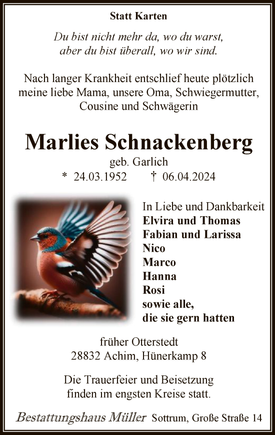 Traueranzeige von Marlies Schnackenberg von SYK