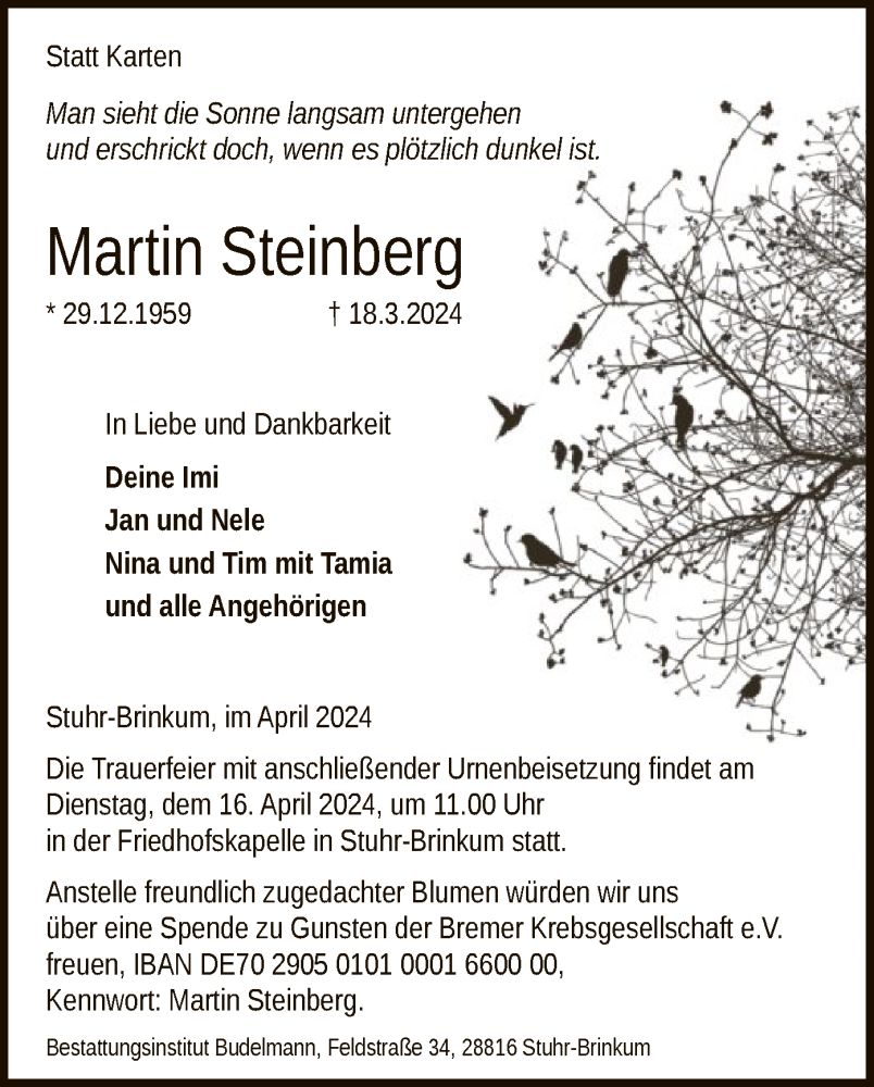  Traueranzeige für Martin Steinberg vom 06.04.2024 aus SYK