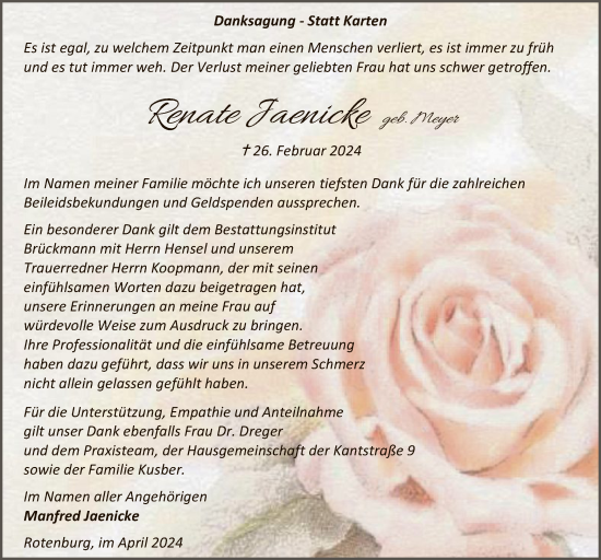 Traueranzeige von Renate Jaenicke von SYK