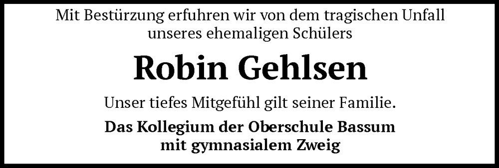  Traueranzeige für Robin Gehlsen vom 06.04.2024 aus SYK