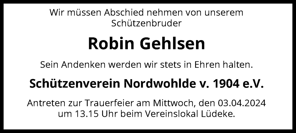  Traueranzeige für Robin Gehlsen vom 03.04.2024 aus SYK