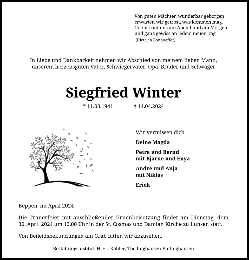  Traueranzeige für Siegfried Winter vom 20.04.2024 aus SYKSYK